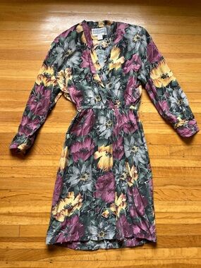 Vintage washed silk floral v-neck midi dress purple yellow 10 cottage core
